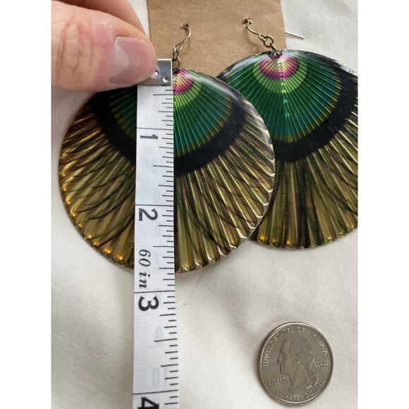 Vintage Oversized Peacock Disk Earrings Maximalist Glam Drag 60s 70s Gold - Picture 2 of 5